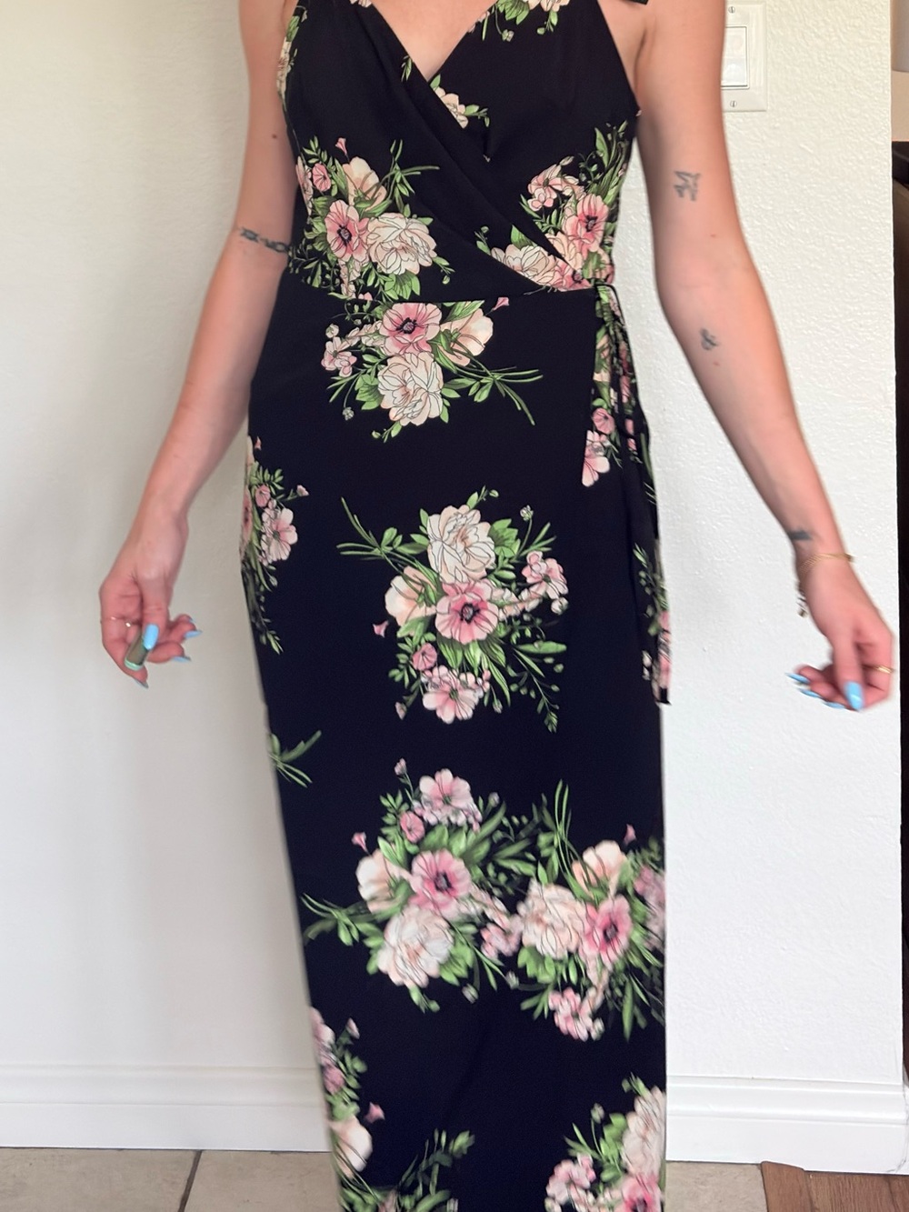 Topshop Black Floral Midi Wrap Dress with Pink Blooms